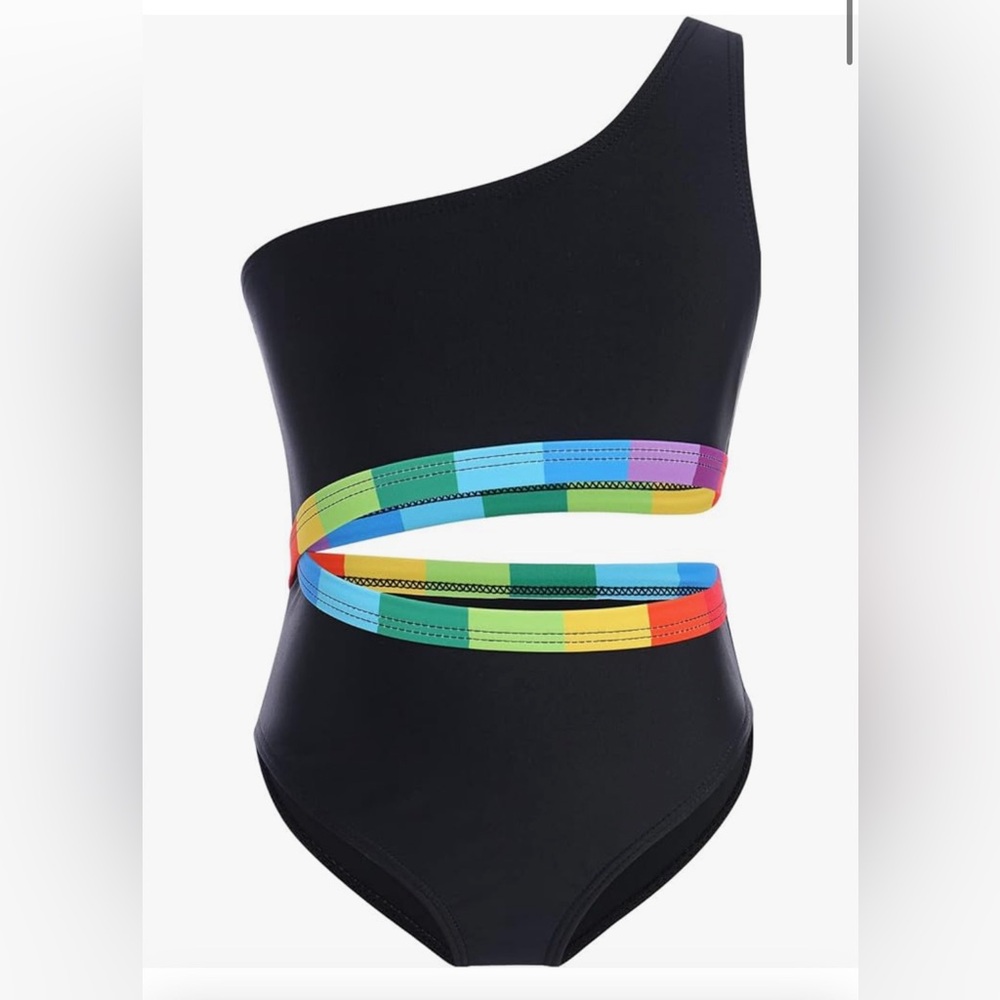 Black and rainbow kid’s cutout swimsuit